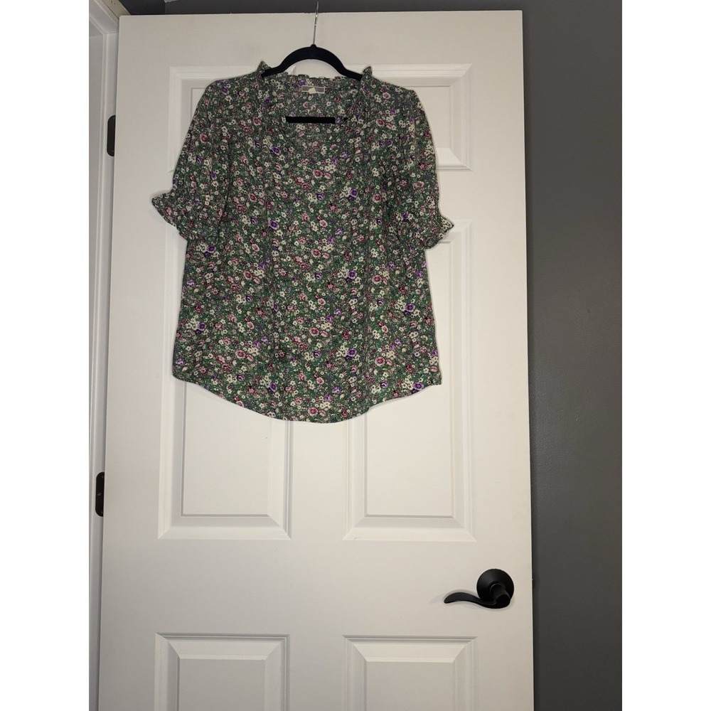Pleione Short Sleeve Floral Blouse V Neck Medium Green Multicolor